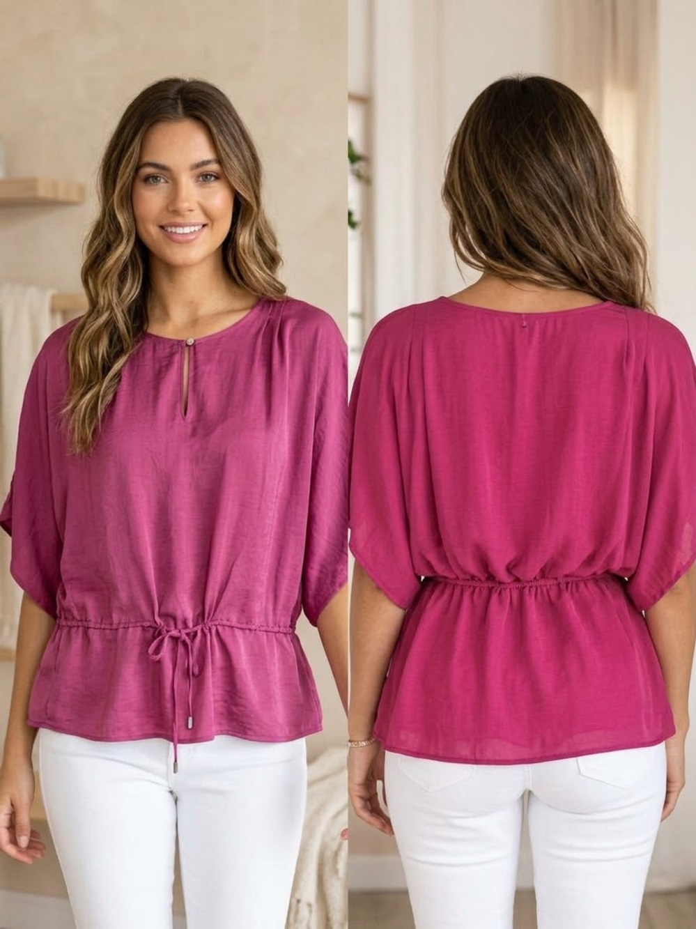 Michael Kors Hot Pink Kimono Sleeve Drawstring Waist Blouse XL